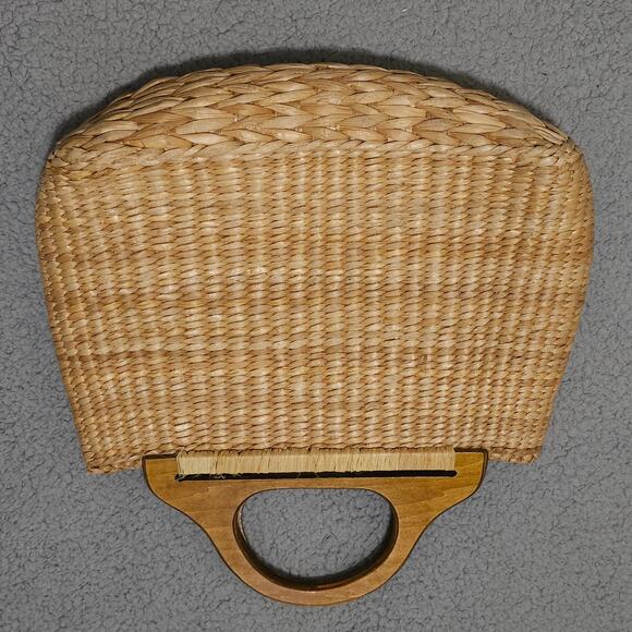 Vintage Cappelli Straw Handbag Wood Handles Floral Lined Woven Purse Cottagecore - Picture 5 of 11